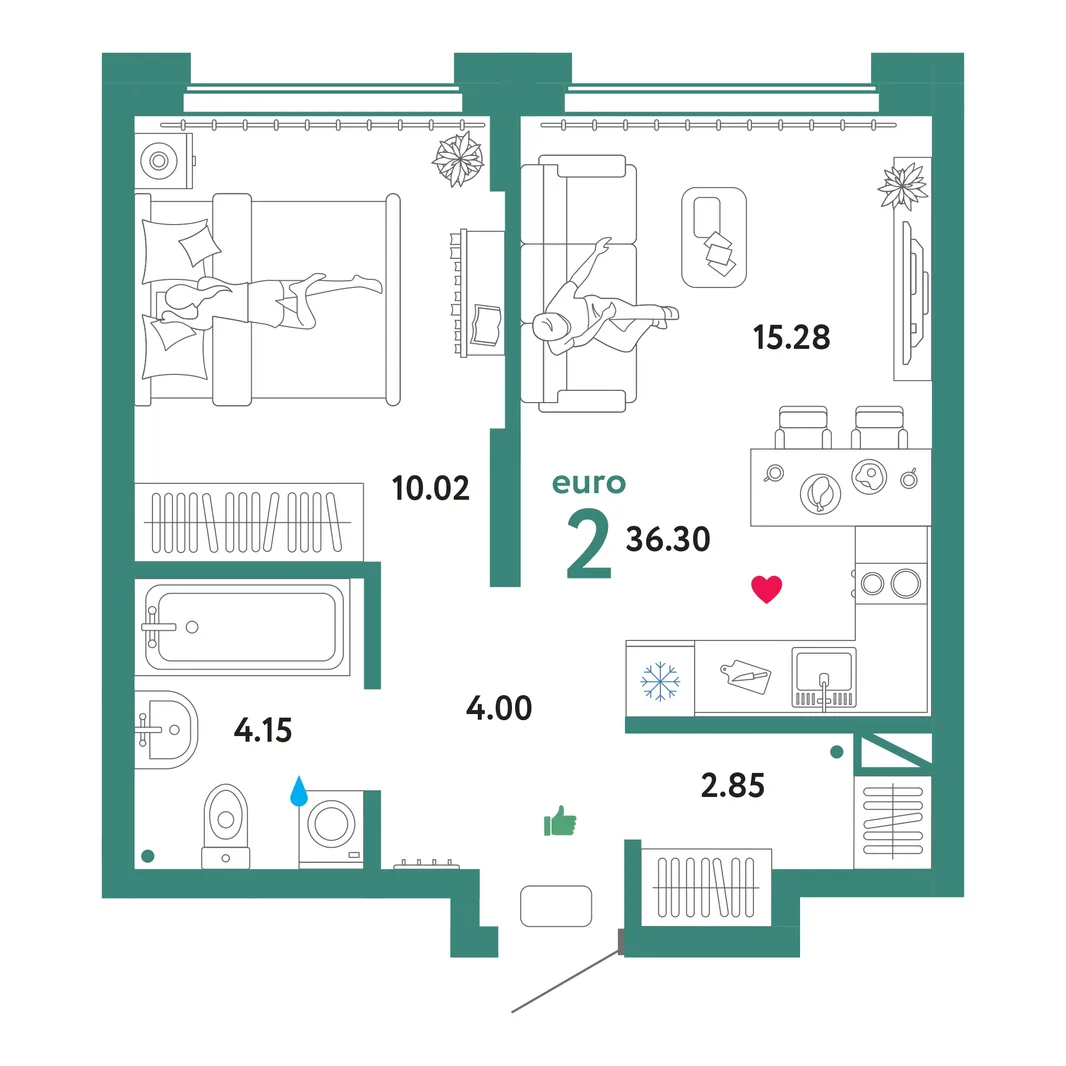 Планировка 2-комн. квартира, 36.3 м² ЖК «Микрорайон Домашний»