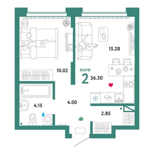 Планировка 2-комн. квартира, 36.3 м² ЖК «Микрорайон Домашний»