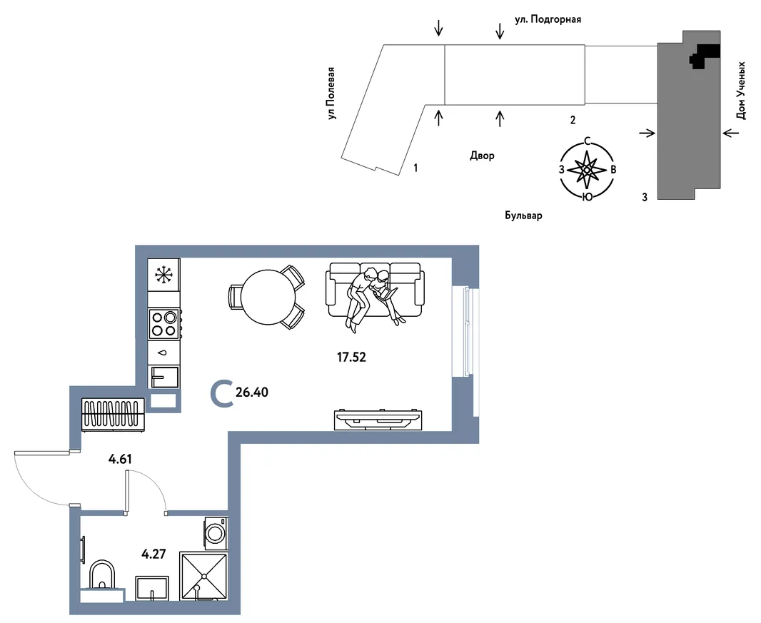 Планировка Студия, 26.48 м² ЖК «Авторский»