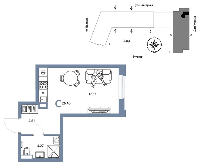 Планировка Студия, 26.48 м² ЖК «Авторский» Планировка Студия, 26.48 м² ЖК «Авторский»