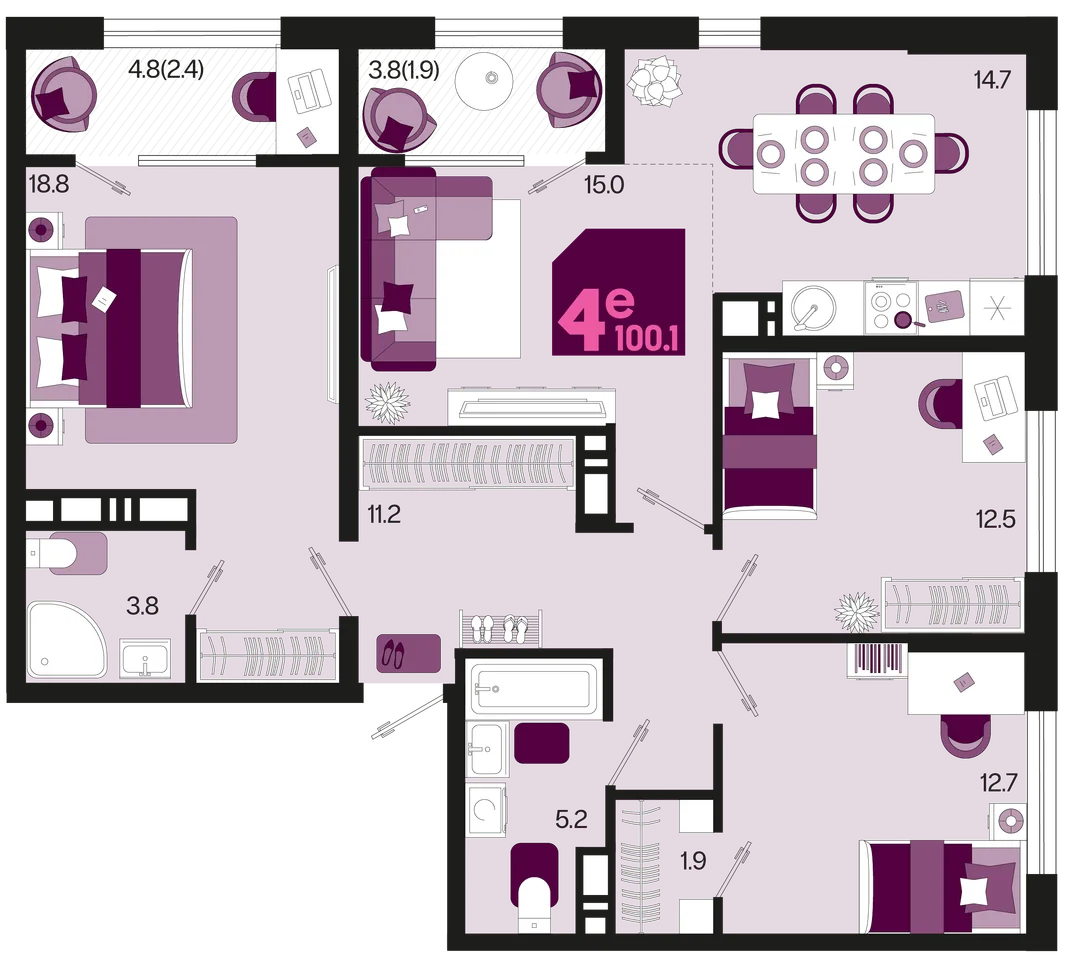 Планировка 4-комн. квартира, 104.4 м² ЖК «Первое место»