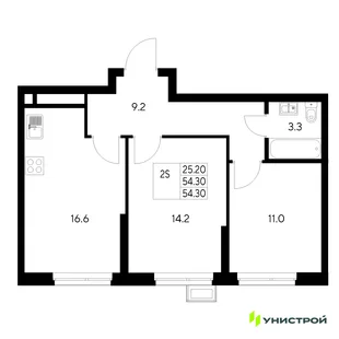 Планировка 2-комн. квартира, 54.3 м² ЖК «Стадиум»