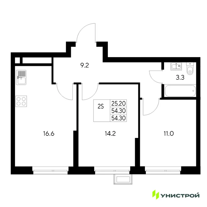 Планировка 2-комн. квартира, 54.3 м² ЖК «Стадиум»
