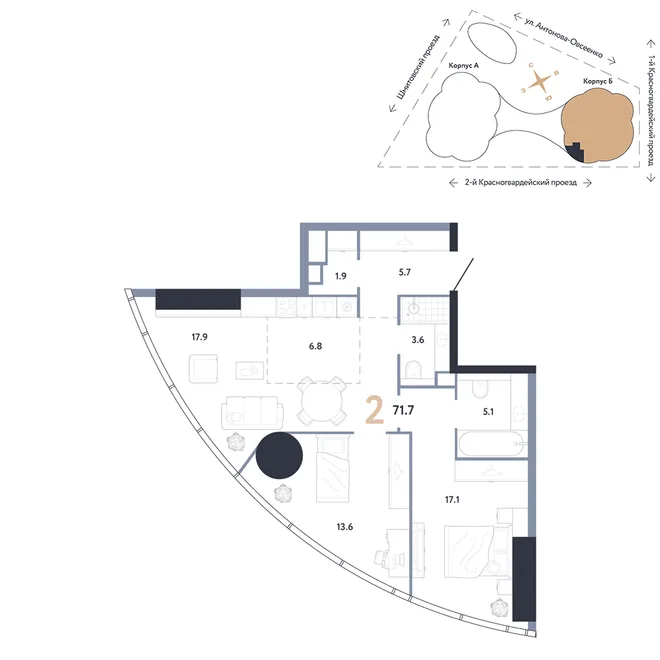 Планировка 2-комн. квартира, 71.7 м² ЖК «АУРУС Резиденции» Планировка 2-комн. квартира, 71.7 м² ЖК «АУРУС Резиденции»