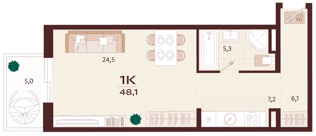 Планировка 1-комн. квартира, 48.1 м² ЖК «Роялта»