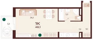 Планировка 1-комн. квартира, 48.1 м² ЖК «Роялта»