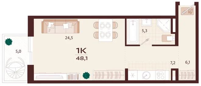 Планировка 1-комн. квартира, 48.1 м² ЖК «Роялта» Планировка 1-комн. квартира, 48.1 м² ЖК «Роялта»
