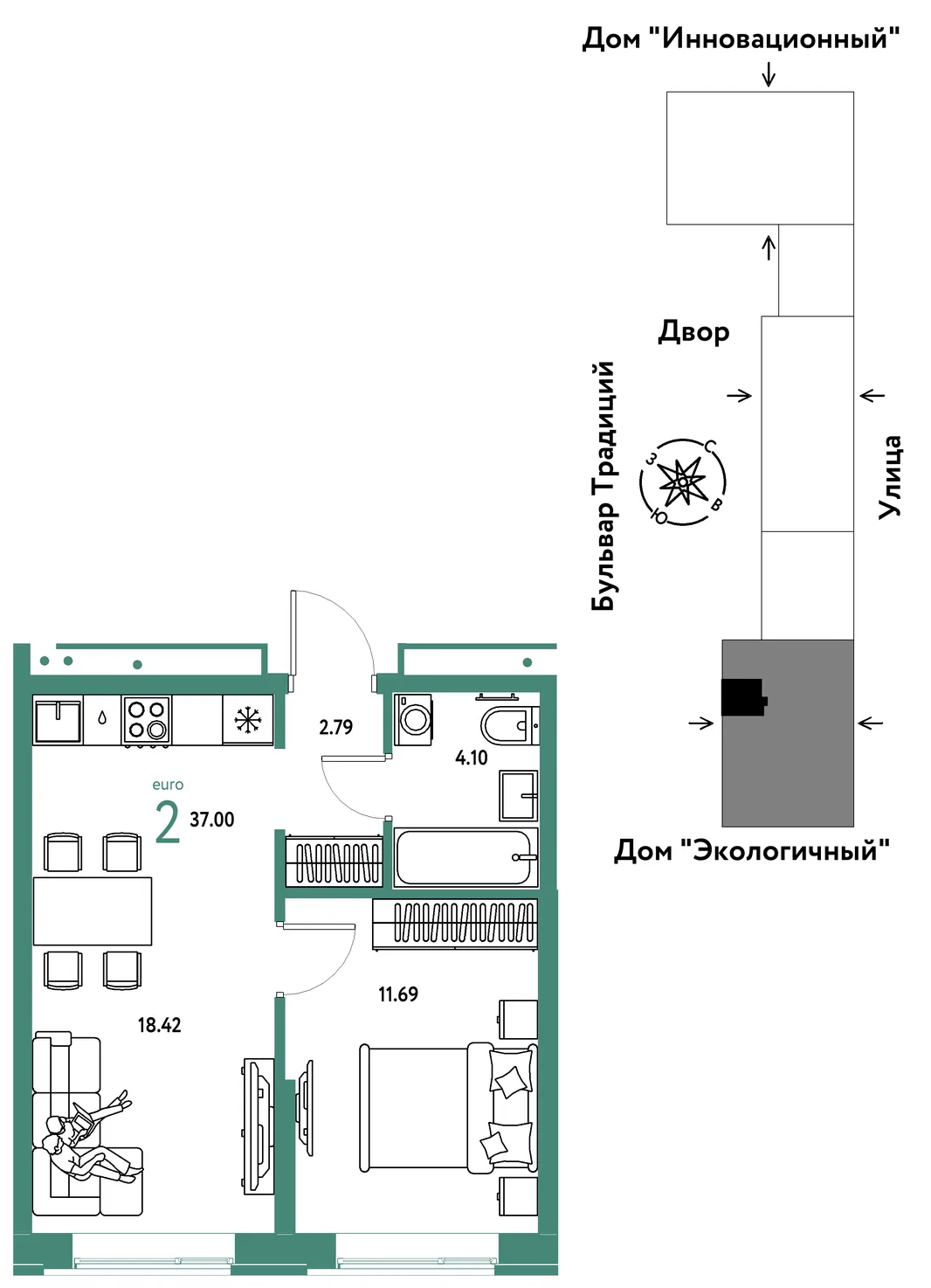 Планировка 2-комн. квартира, 37 м² ЖК «Микрорайон Домашний»