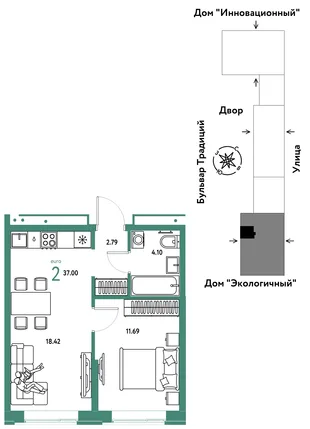 Планировка 2-комн. квартира, 37 м² ЖК «Микрорайон Домашний»