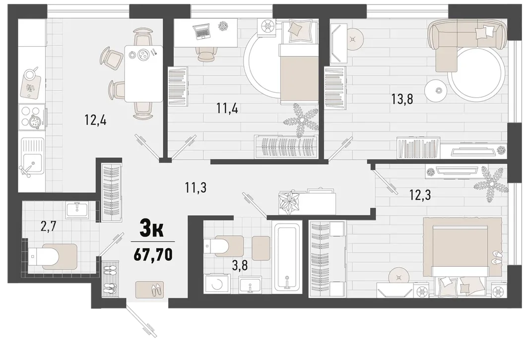 Планировка 3-комн. квартира, 67.7 м² ЖК «Барса»
