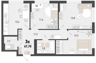 Планировка 3-комн. квартира, 67.7 м² ЖК «Барса»