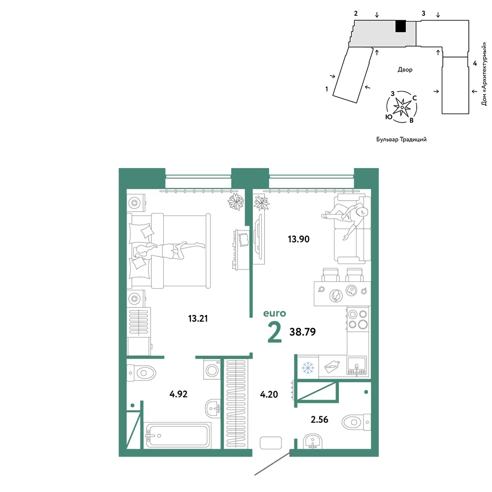 Планировка 2-комн. квартира, 38.79 м² ЖК «Микрорайон Домашний»