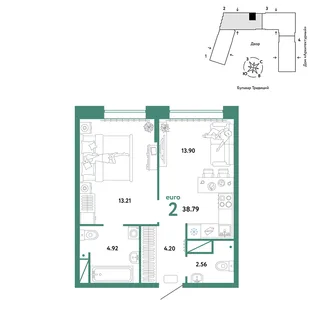 Планировка 2-комн. квартира, 38.79 м² ЖК «Микрорайон Домашний»