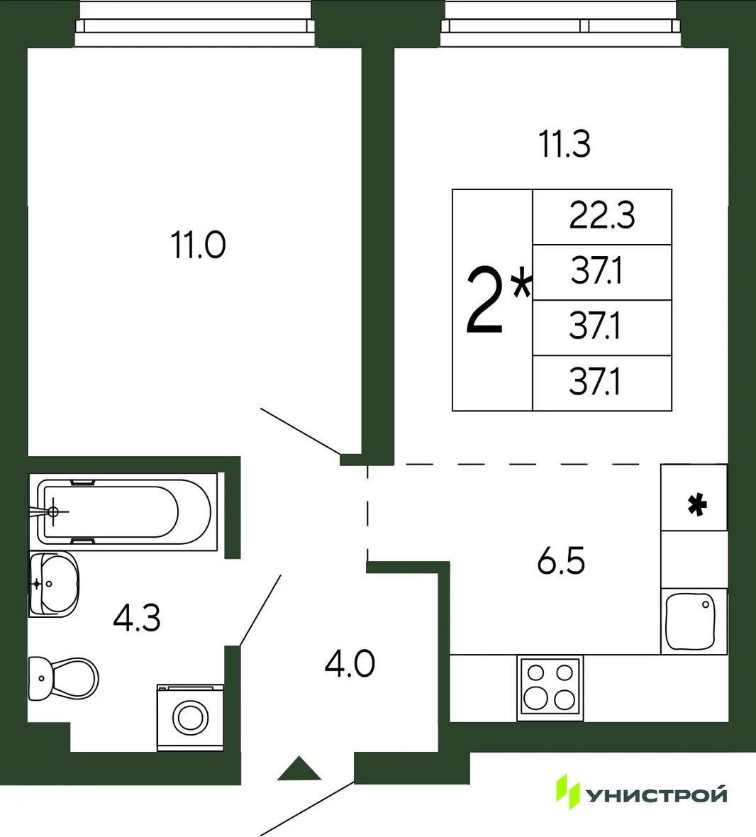 Планировка 2-комн. квартира, 37.1 м² ЖК «Парковый квартал 2.0»