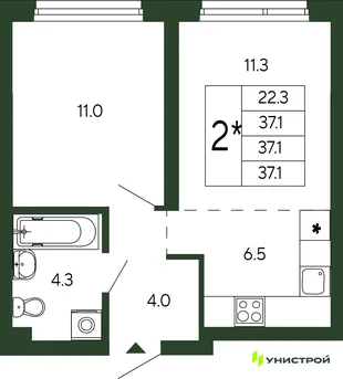Планировка 2-комн. квартира, 37.1 м² ЖК «Парковый квартал 2.0»