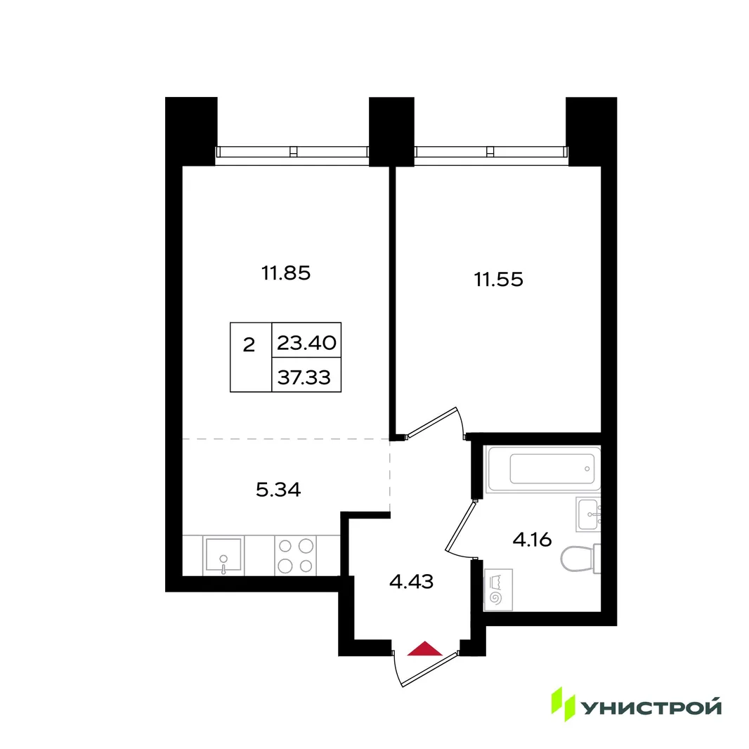 Планировка 2-комн. квартира, 37.33 м² ЖК «Уникум на Энгельса»