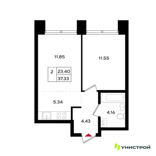 Планировка 2-комн. квартира, 37.33 м² ЖК «Уникум на Энгельса»