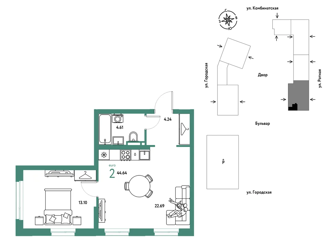 Планировка 2-комн. квартира, 44.64 м² ЖК «Уральский сад»