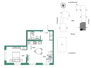 Планировка 2-комн. квартира, 44.64 м² ЖК «Уральский сад»