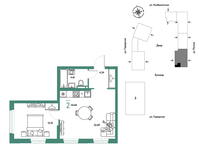 Планировка 2-комн. квартира, 44.64 м² ЖК «Уральский сад» Планировка 2-комн. квартира, 44.64 м² ЖК «Уральский сад»