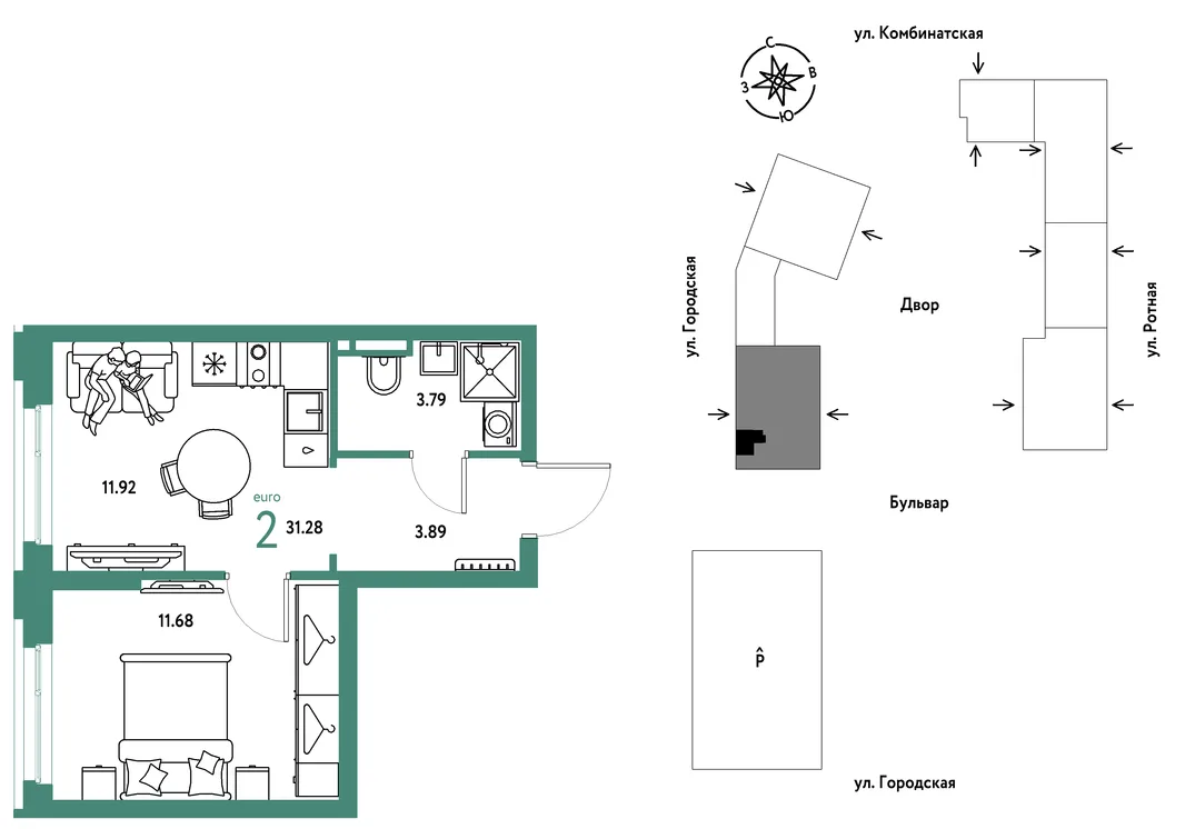 Планировка 2-комн. квартира, 31.28 м² ЖК «Уральский сад»