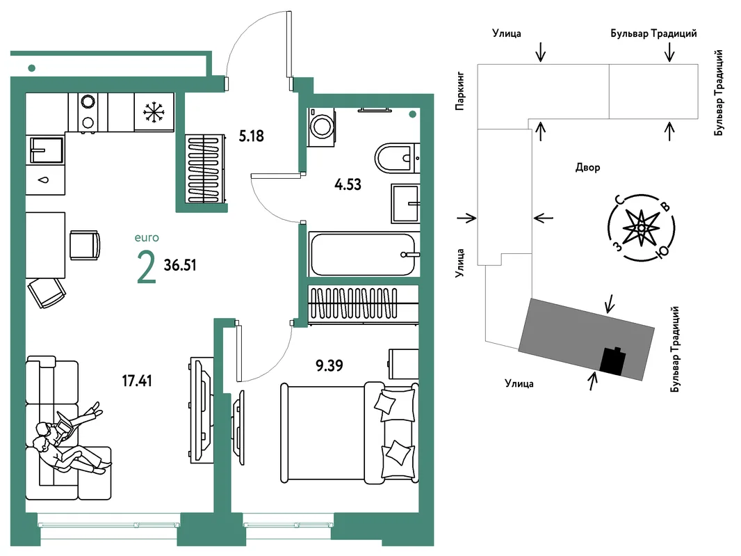Планировка 2-комн. квартира, 36.51 м² ЖК «Микрорайон Домашний»