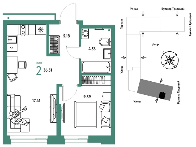Планировка 2-комн. квартира, 36.51 м² ЖК «Микрорайон Домашний» Планировка 2-комн. квартира, 36.51 м² ЖК «Микрорайон Домашний»