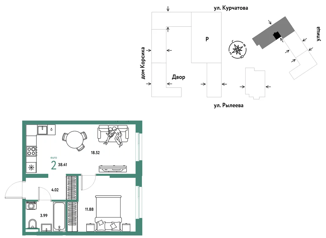 Планировка 2-комн. квартира, 38.59 м² ЖК «Остров-сад»