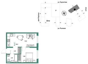 Планировка 2-комн. квартира, 38.59 м² ЖК «Остров-сад»