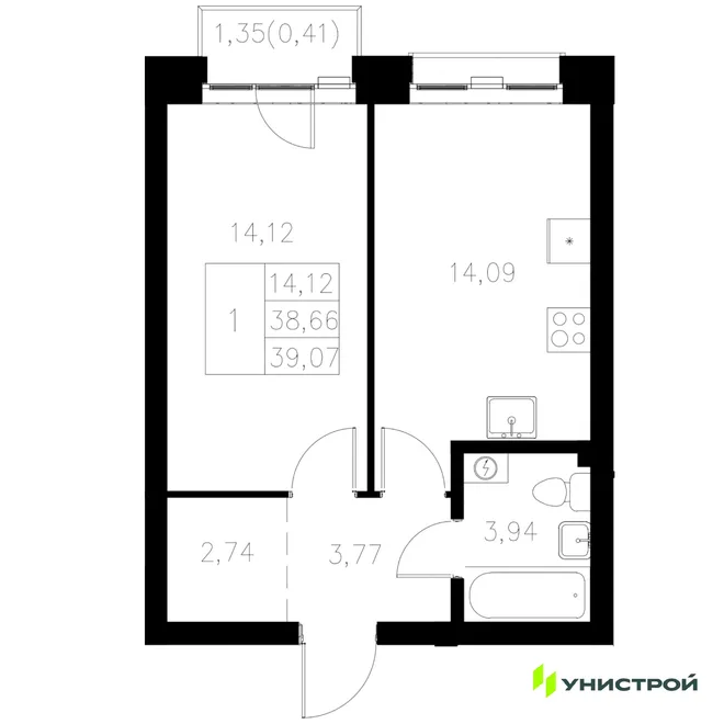 Планировка 1-комн. квартира, 39.07 м² ЖК «Statum» Планировка 1-комн. квартира, 39.07 м² ЖК «Statum»