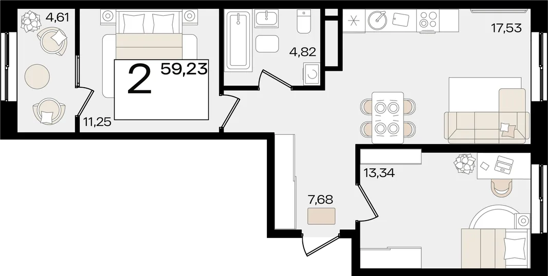 Планировка 2-комн. квартира, 59.23 м² ЖК «Патрики»