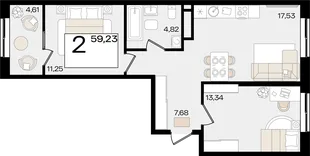 Планировка 2-комн. квартира, 59.23 м² ЖК «Патрики»