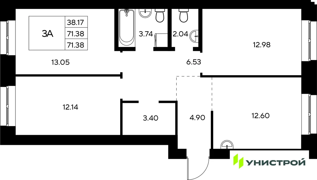 Планировка 3-комн. квартира, 71.38 м² ЖК «Царёво City»