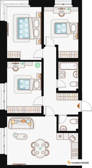Планировка 3-комн. квартира, 83.39 м² ЖК «Жилой кластер Q на Кулагина»