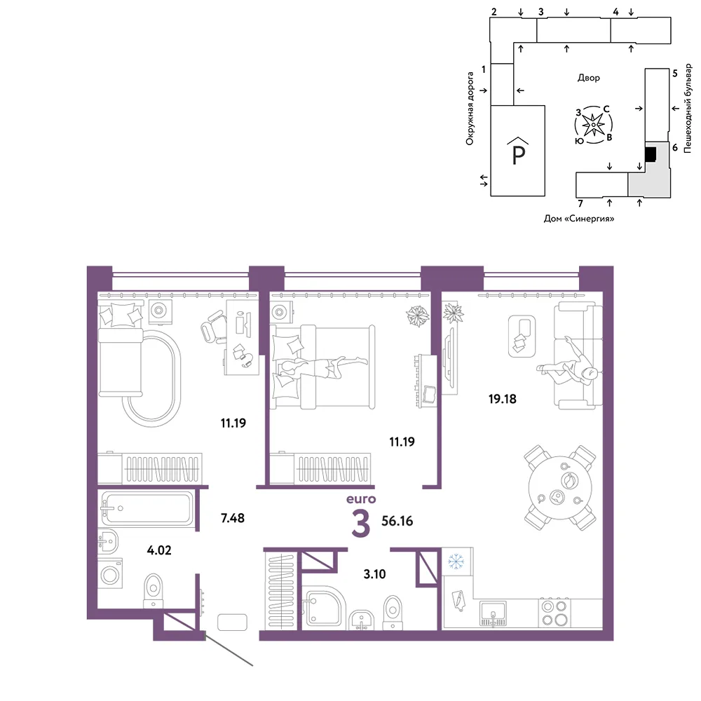 Планировка 3-комн. квартира, 56.16 м² ЖК «Юнион»