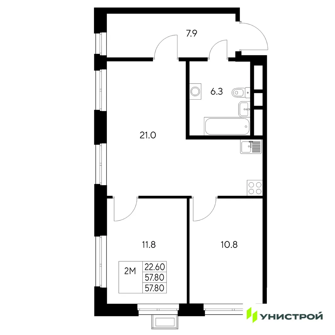 Планировка 2-комн. квартира, 57.8 м² ЖК «Стадиум»