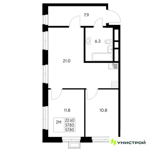 Планировка 2-комн. квартира, 57.8 м² ЖК «Стадиум»