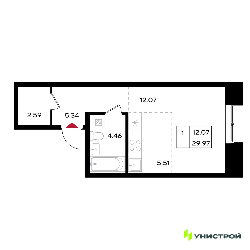 Планировка 1-комн. квартира, 29.97 м² ЖК «Уникум на Энгельса»
