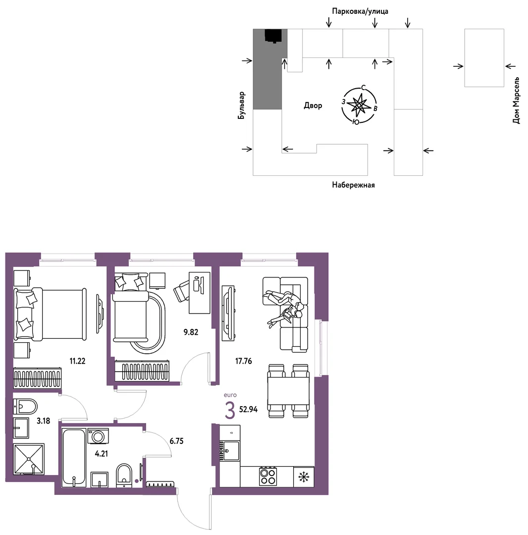 Планировка 3-комн. квартира, 52.94 м² ЖК «Европейский берег 2.0»