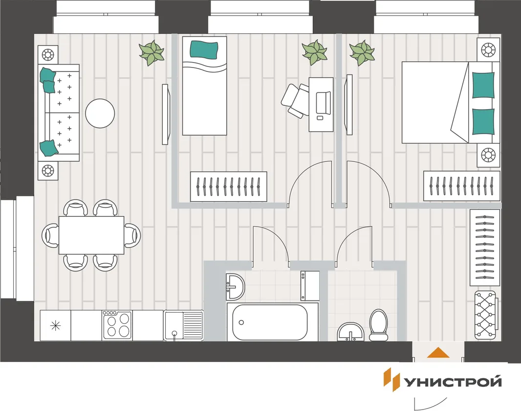 Планировка 2-комн. квартира, 51.96 м² ЖК «Аквамарин»
