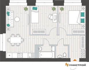 Планировка 2-комн. квартира, 51.96 м² ЖК «Аквамарин»
