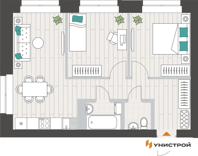 Планировка 2-комн. квартира, 51.96 м² ЖК «Аквамарин» Планировка 2-комн. квартира, 51.96 м² ЖК «Аквамарин»