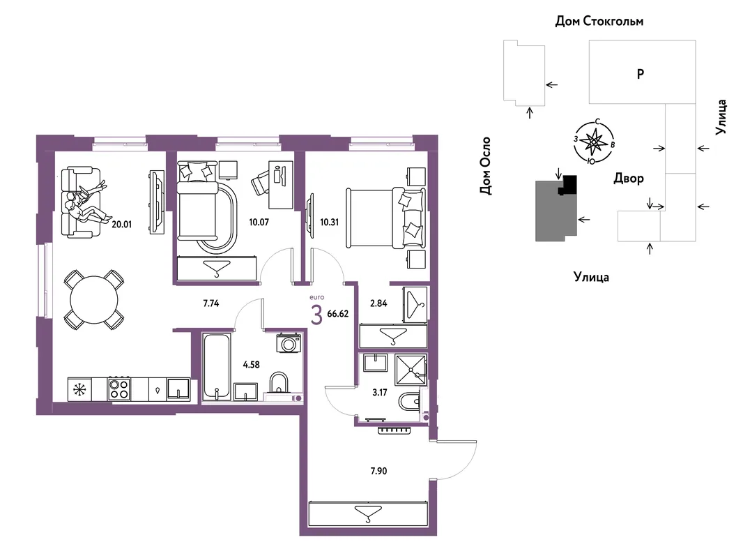 Планировка 3-комн. квартира, 66.62 м² ЖК «Европейский берег 2.0»