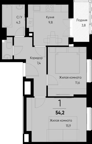 Планировка 2-комн. квартира, 54 м² ЖК «Васильевский остров»