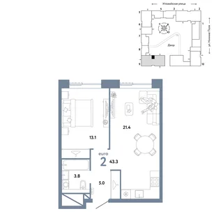 Планировка 2-комн. квартира, 43.3 м² ЖК «Страна.Заречная»