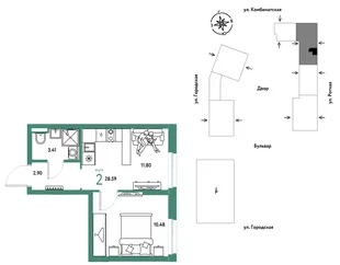 Планировка 2-комн. квартира, 28.59 м² ЖК «Уральский сад»