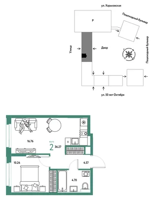 Планировка 2-комн. квартира, 36.27 м² ЖК «Сердце Сибири»