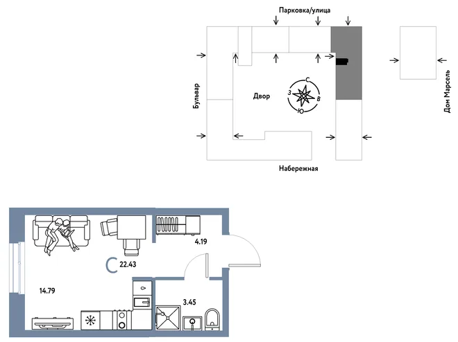 Планировка Студия, 22.43 м² ЖК «Европейский берег 2.0» Планировка Студия, 22.43 м² ЖК «Европейский берег 2.0»