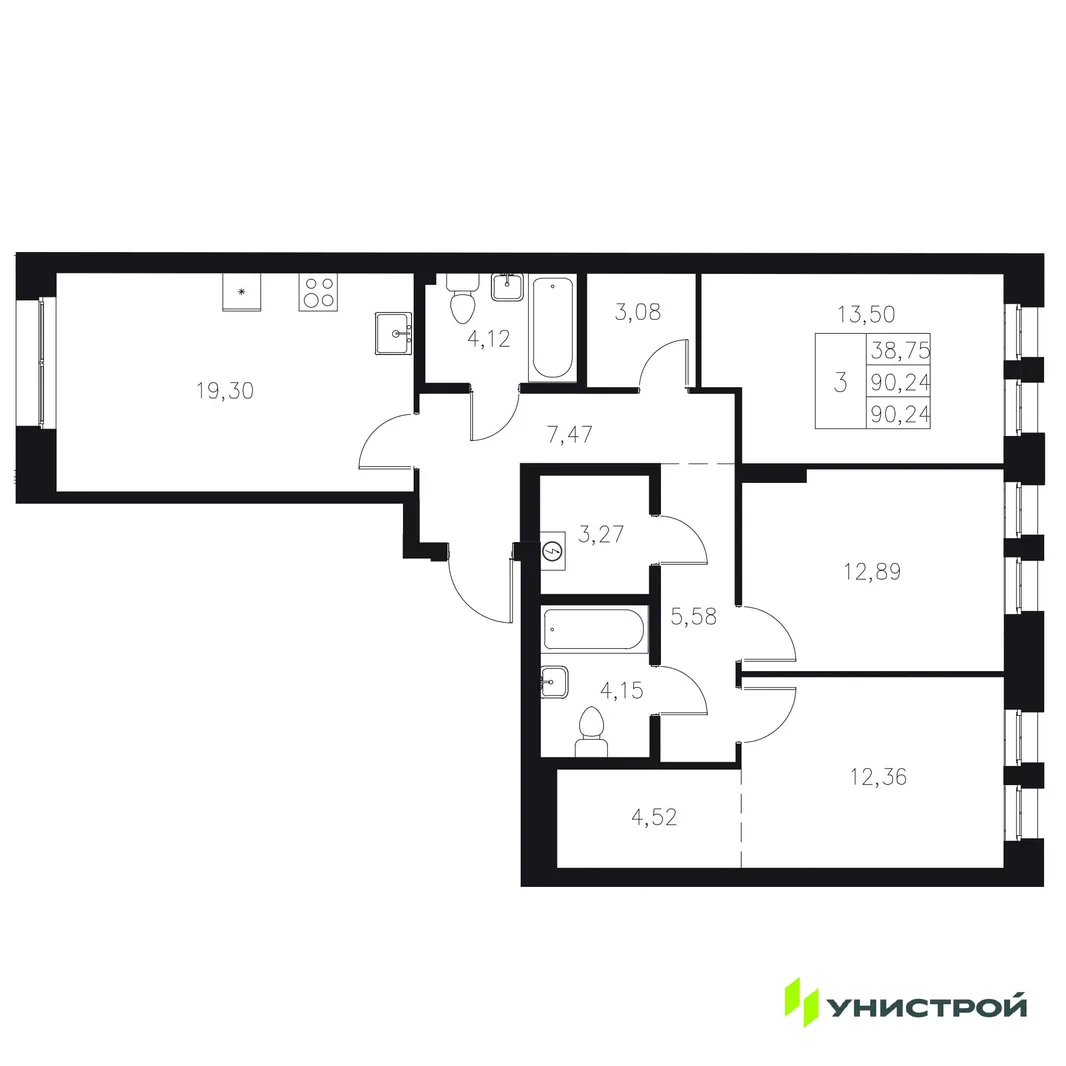 Планировка 3-комн. квартира, 90.24 м² ЖК «Statum»