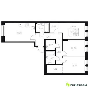 Планировка 3-комн. квартира, 90.24 м² ЖК «Statum»